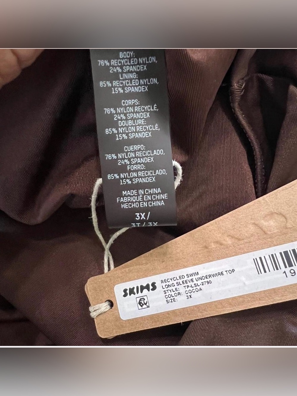NWT Skims Recycled Swim Underwire Top Women Cocoa Stretch Long Sleeve 3XL - Picture 6 of 9